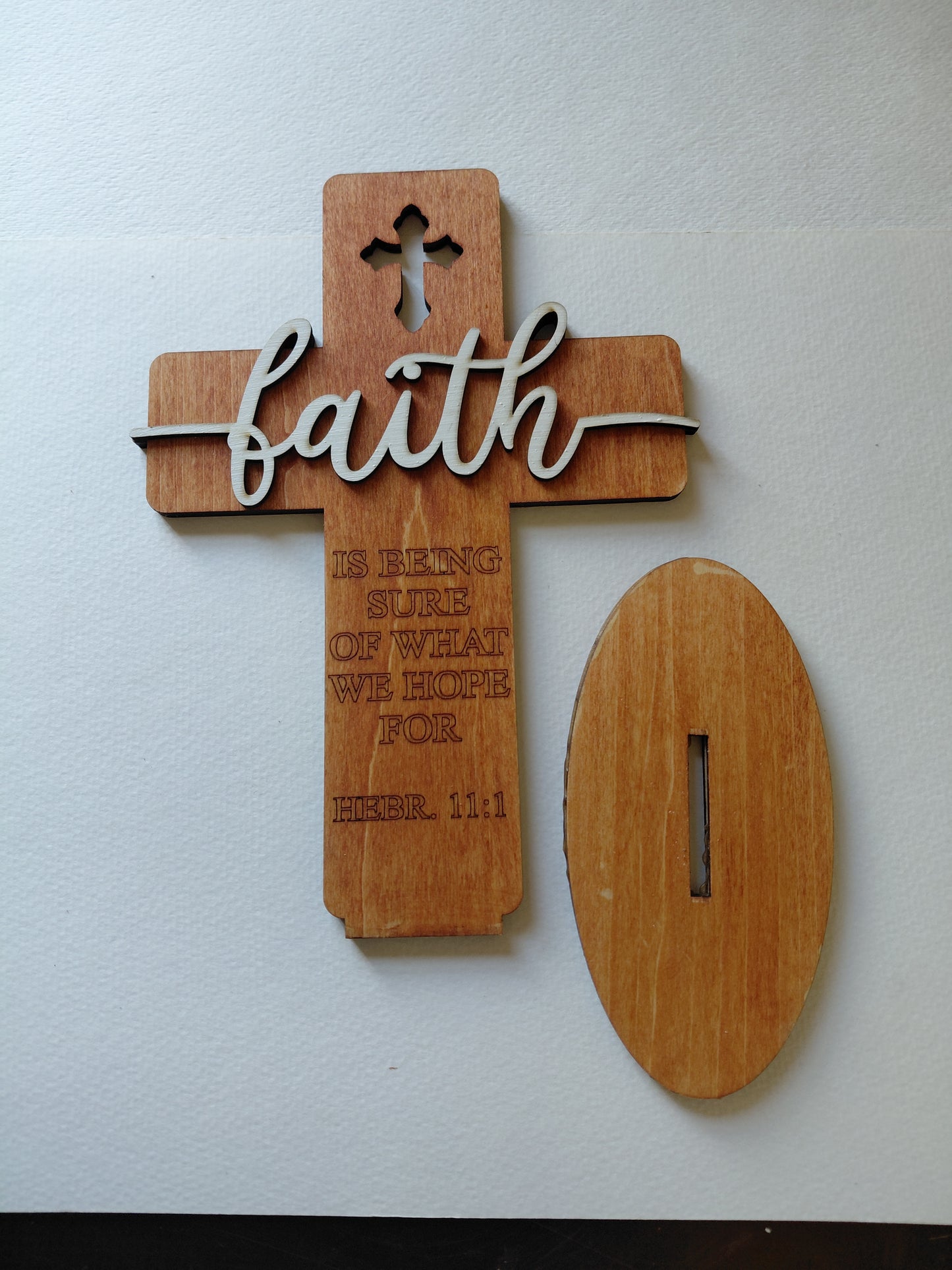 Laser Engraved Standing Faith Cross- Wood - 9" x 6 1/2" - On Base Stand