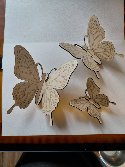 3 piece Unfinished Laser Engraved Wood Butterflies for crafts- American Made