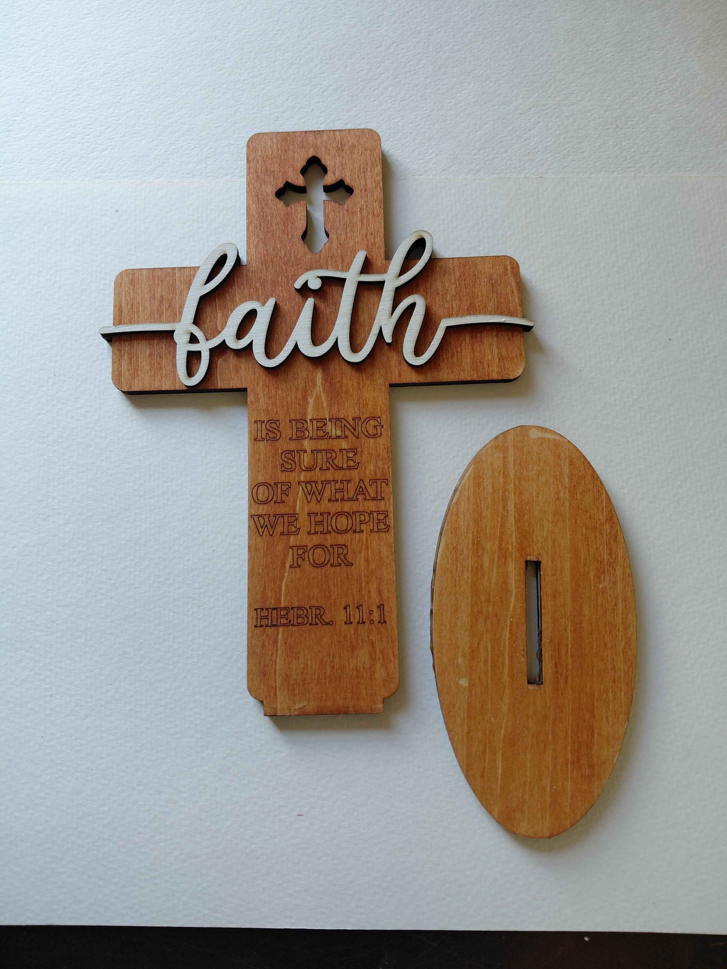 Laser Engraved Standing Faith Cross- Wood - 9" x 6 1/2" - On Base Stand