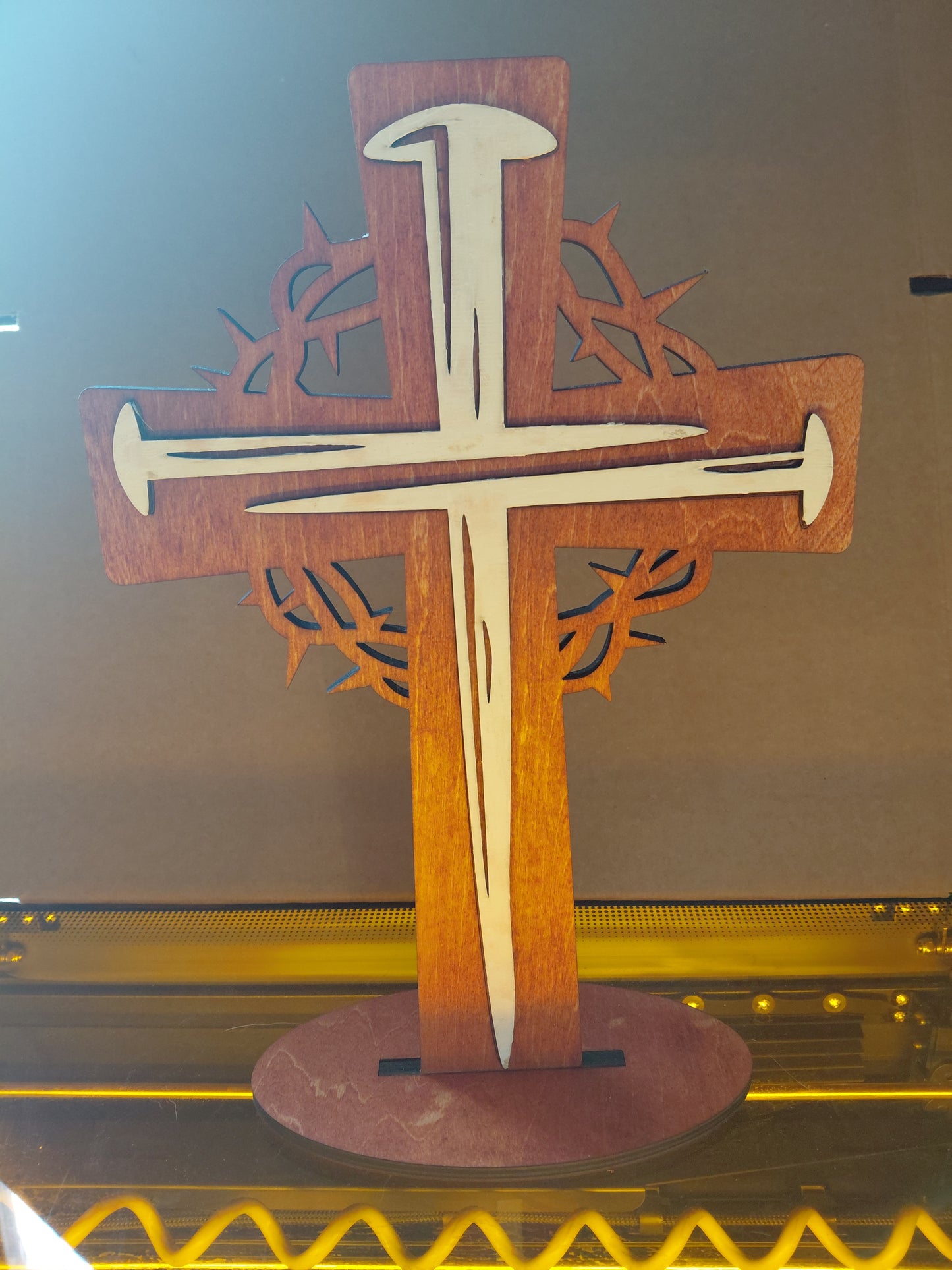 Standing Laser Engraved Standing Cross with Nails - Wood - 9" x 6 1/2" - On Base Stand