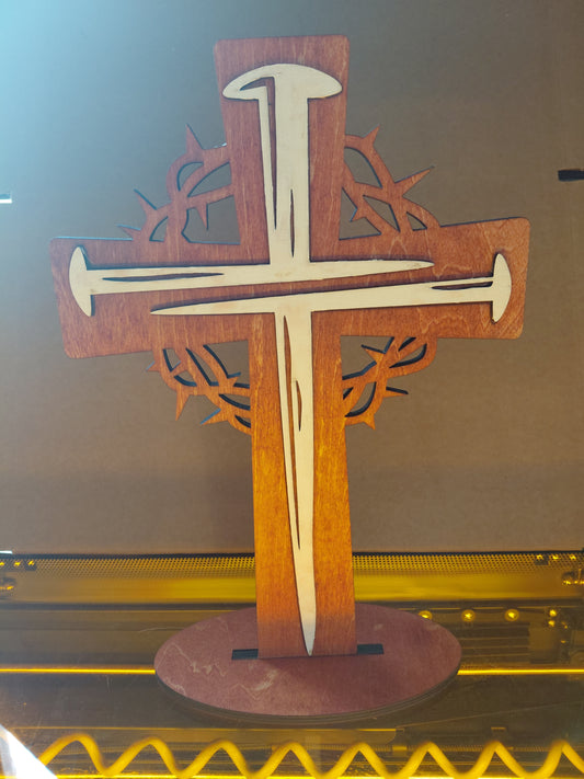 Standing Laser Engraved Standing Cross with Nails - Wood - 9" x 6 1/2" - On Base Stand