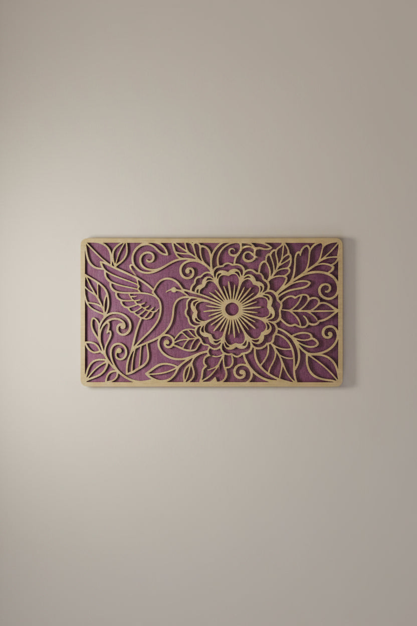 Hummingbird and Flowers Wall Art - 12" x 18" - Laser Cut 2 Layer