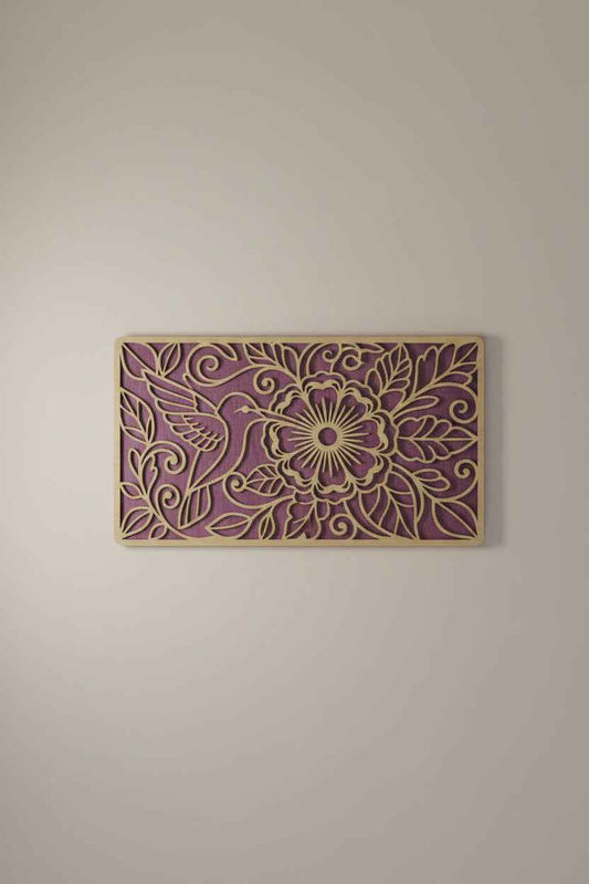 Hummingbird and Flowers Wall Art - 12" x 18" - Laser Cut 2 Layer