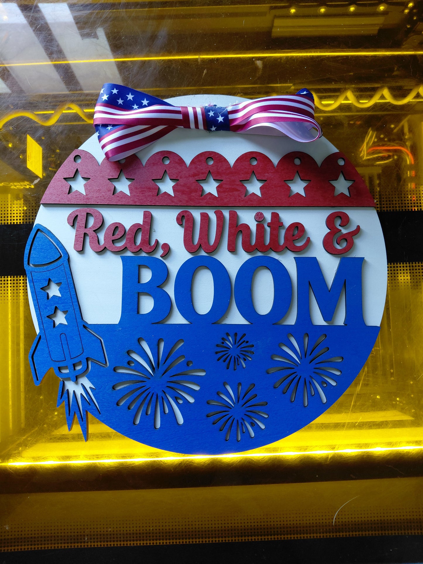 Red White and Boom Fireworks Themed Door Hanger 12" Across