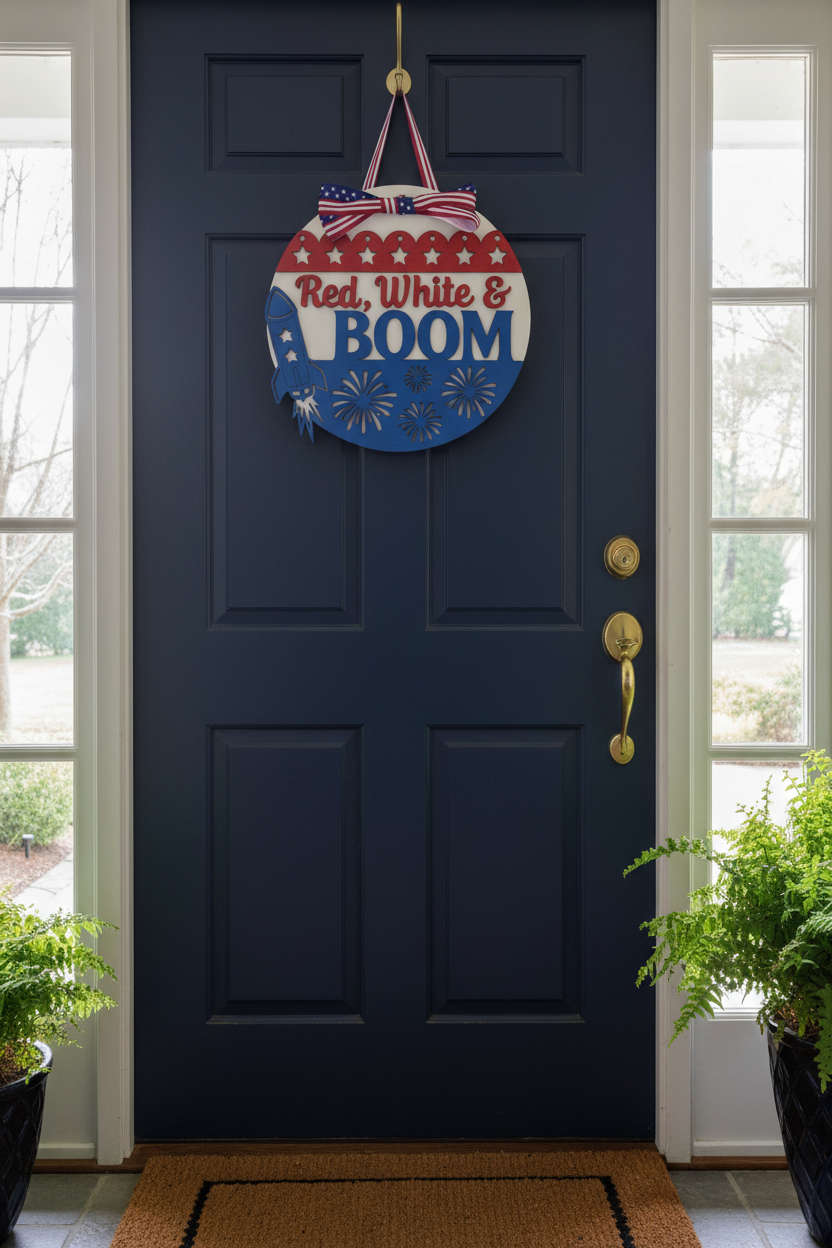 Red White and Boom Fireworks Themed Door Hanger 12" Across