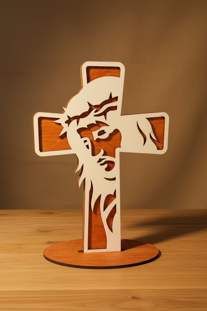 Cross with Image of Jesus in White, 12" Tall