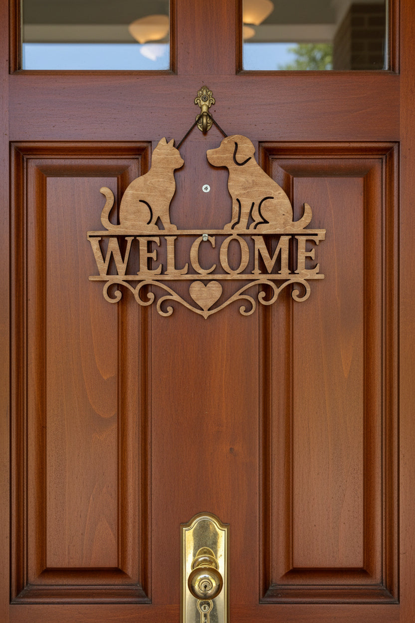 Dog and Cat Welcome Door Sign - 12 x 9 Inches