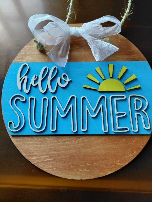 Hello Summer Sunshine Laser Cut 3D Wood Round Door Hanger Door Sign